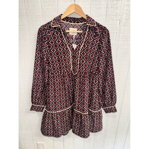 Umgee Tunic Dress Women Burgundy Geometric Diamond Tiered Pockets Small